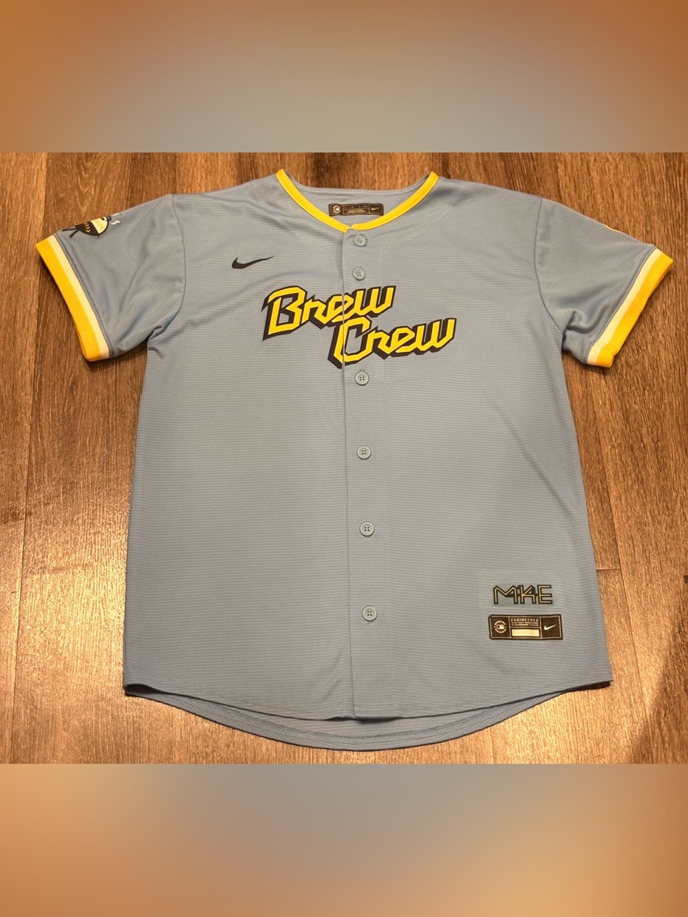 Nike Kids Light Powder Blue  and Yellow Brew Crew'Baseball Jersey Size Large